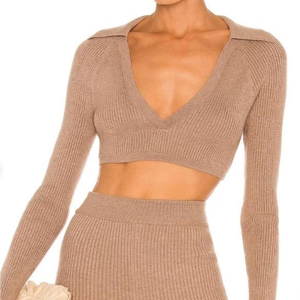 L’Academie Tan Ribbed Knit Crop Top